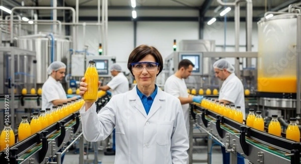 Fototapeta Quality control expert examining juice bottles in modern beverage production facility