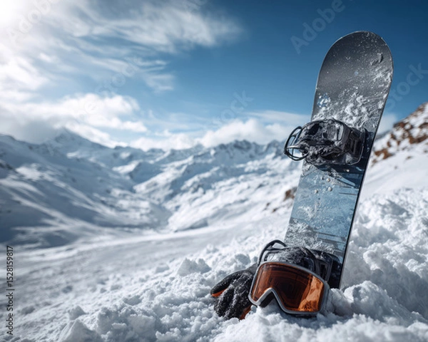 Obraz Snowboard planted upright in fresh powder snow beside orange-lensed goggles and gloves, set against panoramic alpine mountain slopes under a clear blue sky. ai generative