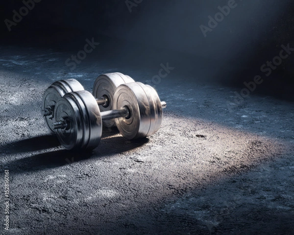 Obraz Shiny metal dumbbells resting on a textured gym floor under dramatic lighting in a dark fitness space, symbolizing strength and discipline. ai generative