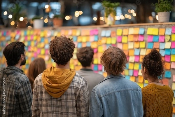 Fototapeta Diverse Group Reviewing Colorful Sticky Notes on a Wall