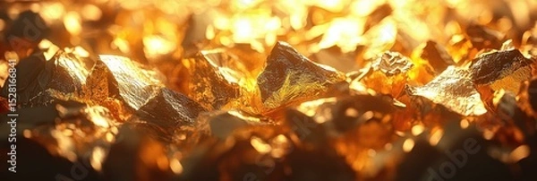 Fototapeta Striking close-up of golden textured surface, reflecting bright, intense light and creating luxurious, elegant, glowing backdrop, shimmering gold dust, artistic effect, banner