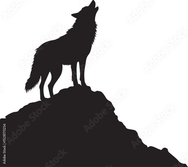 Obraz Black and White Howling Wolf Illustration on Mountain Bold Silhouette Vector Art of Lone Wolf Howling at the Sky with Detailed Line Work