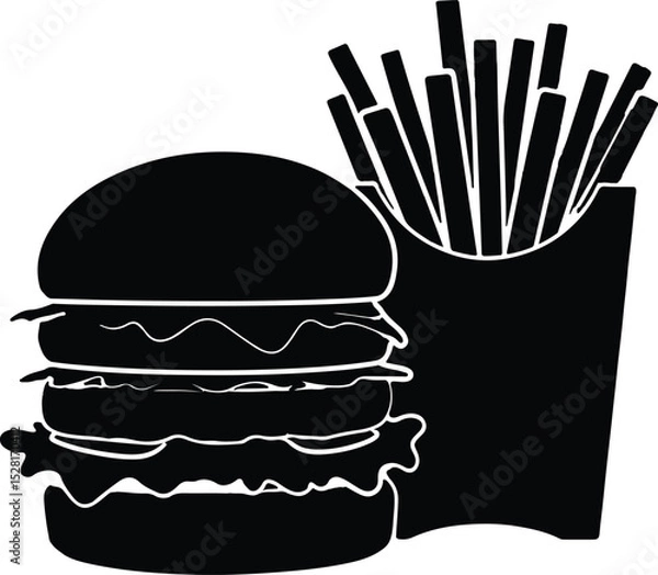 Obraz Black and White Silhouette Icon of Fast Food Combo Featuring Cheeseburger with Lettuce and Tomato Paired with French Fries in a Take-Out Box