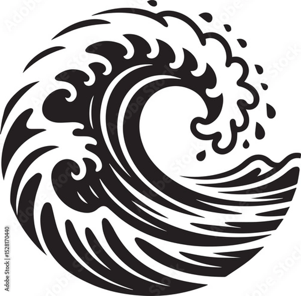 Obraz Bold Black and White Ocean Wave Design Stylized Circular Sea Wave Vector Illustration with Splashing Water Elements and Flowing Lines