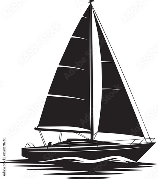 Obraz Black and White Sailboat Silhouette Vector Stylized Sailing Boat on Ocean Waves Icon with Triangular Sails and Nautical Theme