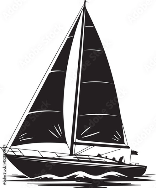 Obraz Black and White Sailboat Silhouette Vector Stylized Sailing Boat on Ocean Waves Icon with Triangular Sails and Nautical Theme