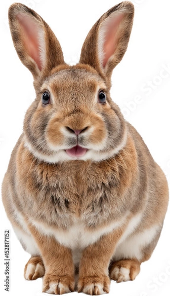 Fototapeta Cute rabbit with big ears and soft brown-white fur, isolated on a transparent background. Detailed texture and calm expression with natural tones and realistic features.