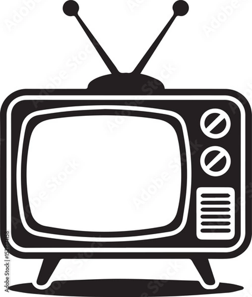 Obraz Black and White Retro Television Icon Vintage TV Set with Antennas, Knobs, and Screen in Classic Silhouette Vector Style