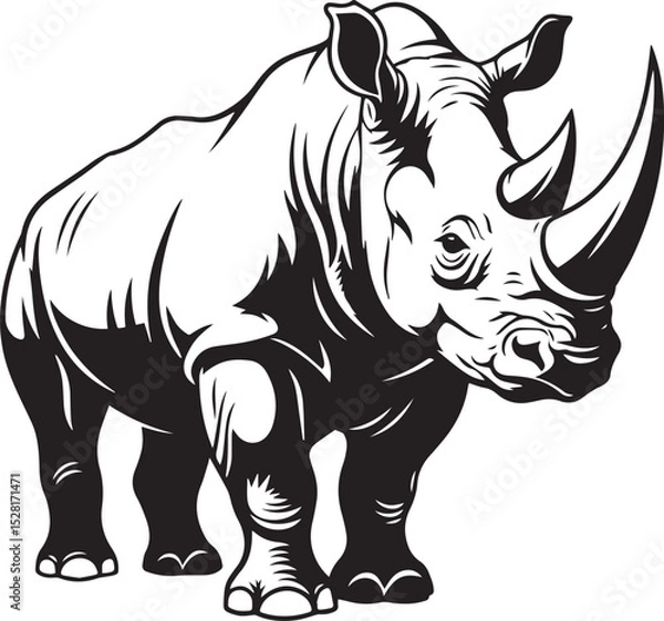 Obraz Black and White Rhinoceros Illustration Bold and Stylized Rhino Vector Art Depicting a Powerful Horned Animal in Detailed Line Work