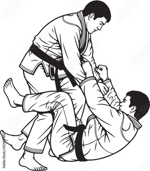Obraz Black and White Illustration of Brazilian Jiu-Jitsu Grappling Two Martial Artists in Gi Practicing Ground Fighting Technique with Detail Line Art