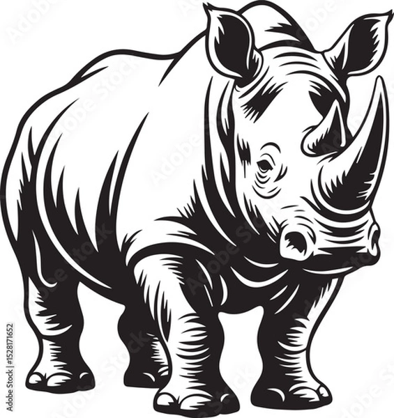 Obraz Black and White Rhinoceros Illustration Bold and Stylized Rhino Vector Art Depicting a Powerful Horned Animal in Detailed Line Work