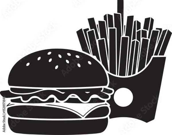 Obraz Black and White Silhouette Icon of Fast Food Combo Featuring Cheeseburger with Lettuce and Tomato Paired with French Fries in a Take-Out Box