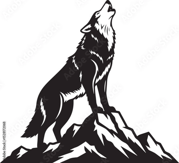Obraz Black and White Howling Wolf Illustration on Mountain Bold Silhouette Vector Art of Lone Wolf Howling at the Sky with Detailed Line Work