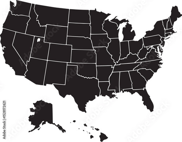 Obraz Black and White Silhouette Map of the United States Vector Illustration of USA with State Borders Displayed, Including Alaska and Hawaii