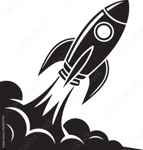 Obraz Black and White Rocket Launch Illustration Stylized Vector of Space Rocket Lifting Off with Flames and Smoke, Simple Retro Sci-Fi Design