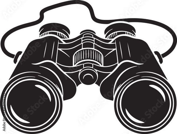 Obraz  Binoculars vector illustration. Black and white graphic icon of field glasses for observation and exploration. Isolated on a white background, a symbol of travel, search, and discovery