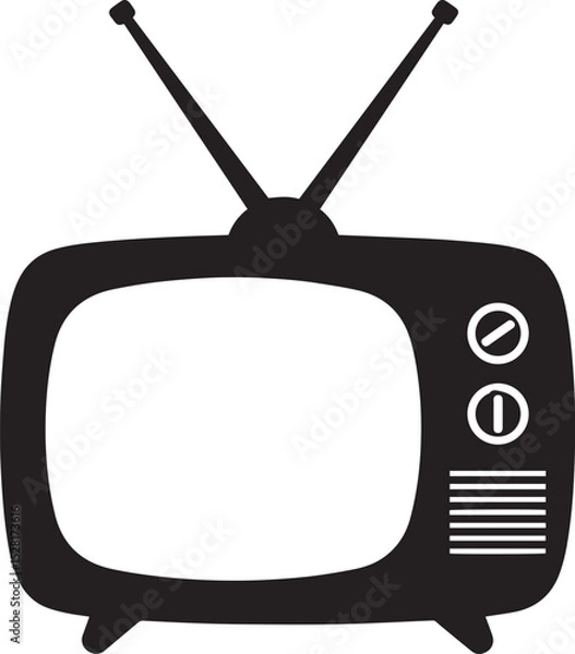 Obraz Black and White Retro Television Icon Vintage TV Set with Antennas, Knobs, and Screen in Classic Silhouette Vector Style