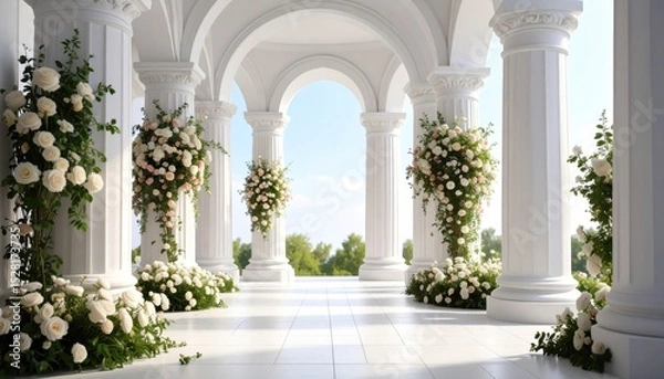 Fototapeta Elegant architecture featuring white columns adorned with flower arrangements