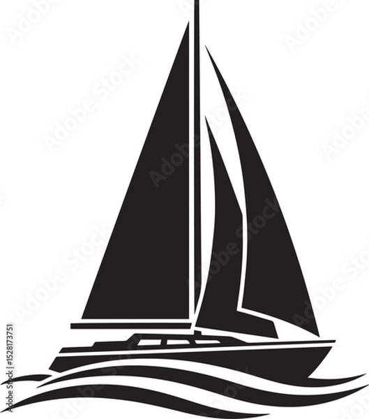 Obraz Black and White Sailboat Silhouette Vector Stylized Sailing Boat on Ocean Waves Icon with Triangular Sails and Nautical Theme