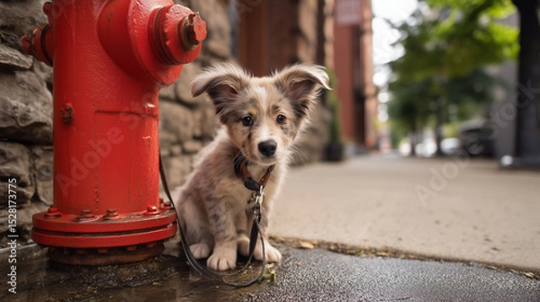 Fototapeta Adorable Fluffy Puppy Sits Next to Bright Red Fire Hydrant on a City Sidewalk Looking Curious and Playful. Image made using Generative AI.