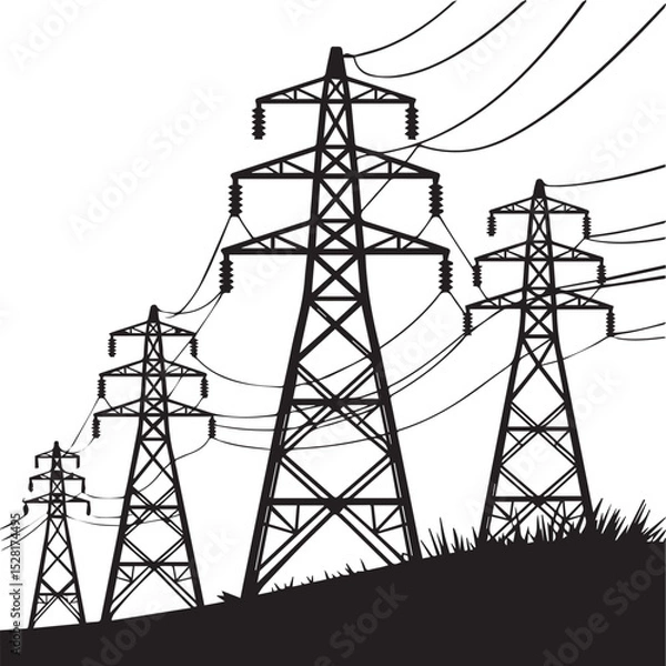 Obraz High Voltage Transmission Towers on a Hillside Black and White Silhouette Illustration of Electric Power Lines