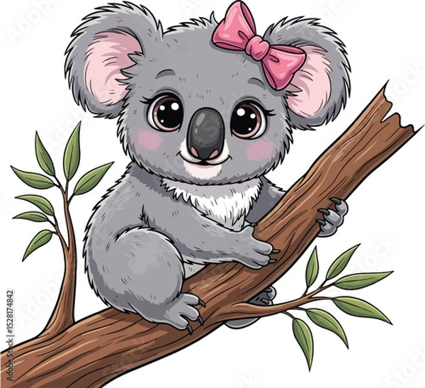 Obraz Cute Cartoon Koala Sitting on a Tree Branch Adorable Female Koala Illustration with Pink Bow, Big Eyes, and Eucalyptus Leaves in Hand-Drawn Style