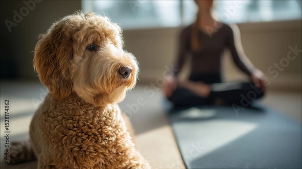 Fototapeta Fluffy Dog Relaxing on Yoga Mat as Woman Practices Meditation in Sunlit Room, Peaceful and Serene Atmosphere. Image made using Generative AI.
