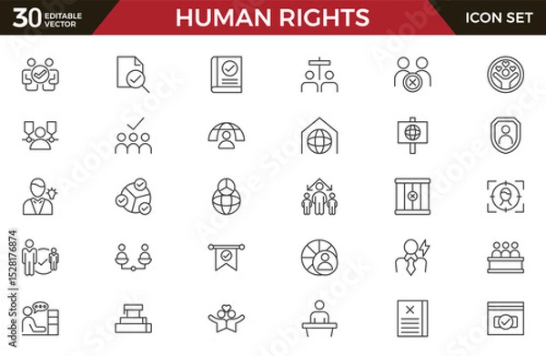 Fototapeta Human Rights line icon set. containing equality, inclusion, belonging, culture, tolerance, languages, unity, difference, ethnicity, gender, human rights, group line icon set. UI thin line icon pack.