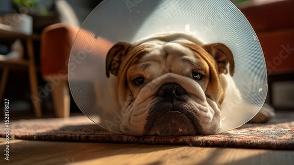 Fototapeta Sad Bulldog Wearing a Protective Cone Resting on a Rug in a Cozy Living Room - Image Made Using Generative AI
