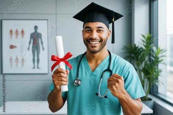 Fototapeta Smiling medical student in scrubs and graduation cap holding diploma in modern bright clinic background, expressing success and achievement concept.