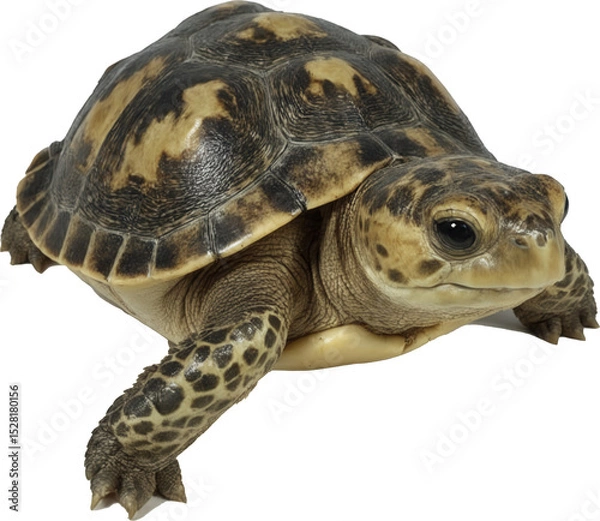 Fototapeta A charming turtle with a striking brown and yellow patterned shell, attentive eyes, and extended front legs, perfectly captured on a transparent background.