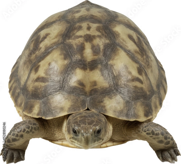 Fototapeta A charming turtle with a striking brown and yellow patterned shell, attentive eyes, and extended front legs, perfectly captured on a transparent background.