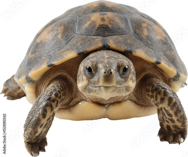 Fototapeta A charming turtle with a striking brown and yellow patterned shell, attentive eyes, and extended front legs, perfectly captured on a transparent background.