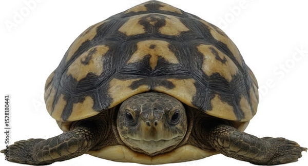 Fototapeta A charming turtle with a striking brown and yellow patterned shell, attentive eyes, and extended front legs, perfectly captured on a transparent background.