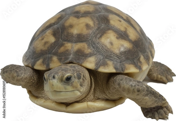 Fototapeta A charming turtle with a striking brown and yellow patterned shell, attentive eyes, and extended front legs, perfectly captured on a transparent background.