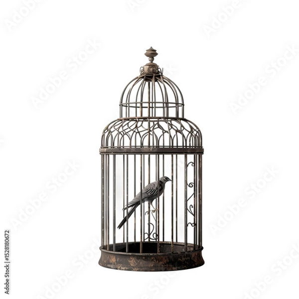 Obraz A caged bird symbolises confinement, freedom, and longing. The intricate design of the cage accentuates its metallic construction. A solitary bird rests inside.