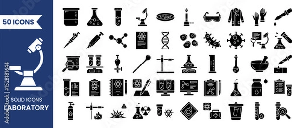 Fototapeta Laboratory icon set in solid style. Containing experiment, test tube, microscope, lab, flask, chemical, biology, research and more. Vector illustration