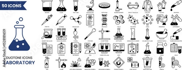 Fototapeta Laboratory icon set in duotone style. Containing experiment, test tube, microscope, lab, flask, chemical, biology, research and more. Vector illustration