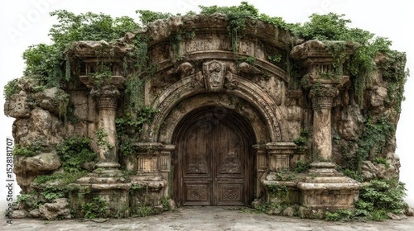 Obraz An old stone archway entrance is covered in lush green vegetation outside.