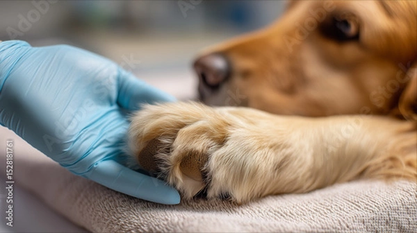 Fototapeta Veterinarian wearing blue gloves gently holds a golden retriever paw, showcasing a comforting and empathetic moment in animal care. Image made using Generative AI.