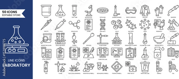 Fototapeta Laboratory line editable icon set. Containing experiment, test tube, microscope, lab, flask, chemical, biology, research and more. Vector illustration