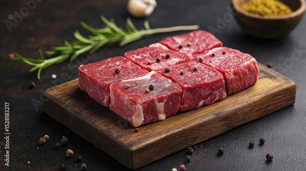 Fototapeta Raw beef cubes seasoned with whole peppercorns arranged neatly on a wooden cutting board, accompanied by rosemary and garlic on a dark kitchen surface. High-quality fresh meat for cooking. 