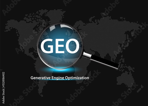 Obraz Generative Engine Optimization Concept. Magnifying glass with a GEO word on world map background.