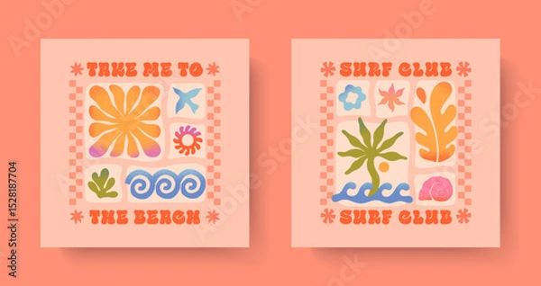 Fototapeta Summer illustrations with sea ocean waves,coral,palm,seashell.Groovy boho beach,surf club retro aesthetic.Summer vacation backgrounds in simple funny style.Graphic prints for banners,covers,branding
