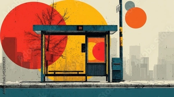 Fototapeta Abstract City Bus Stop Scene with Geometric Shapes and Pixel Art Style
