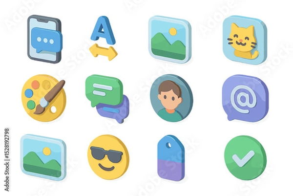 Fototapeta Colorful 3d icons of apps and emojis for digital communication