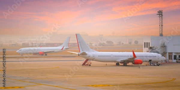 Fototapeta Commercial passenger airplane during taxi movement for take off, and another boarding passenger for flight early morning
