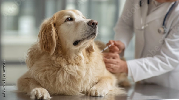 Fototapeta Golden retriever receiving a vaccination from a veterinarian in a clinical setting. The dog appears calm on the examination table while the vet administers care. Image made using Generative AI.