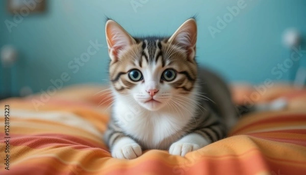 Obraz Adorable kitty with orange and red stripes on the bed