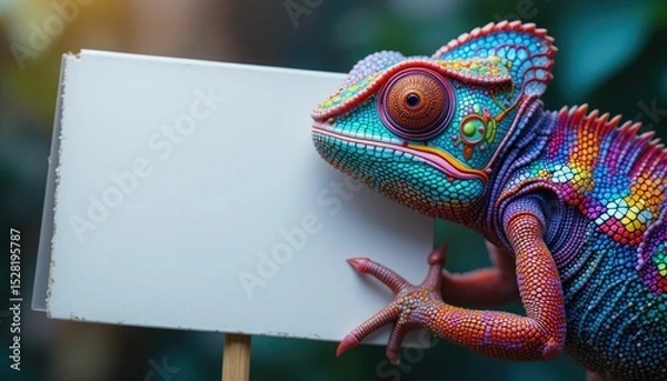 Obraz A vibrant chameleon clutching an empty sign